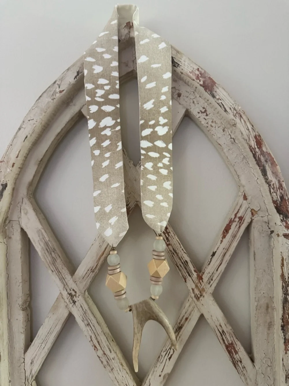 Neutral Beige and Cream Animal Print Ribbon Necklace with Wood Antler Pendant